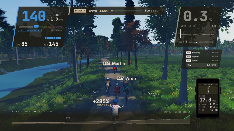 A bunch of riders on the Ammer's gravel at 17 km/h, two marked BOT over their heads and the riders-nearby panel listing three more, beside the river
