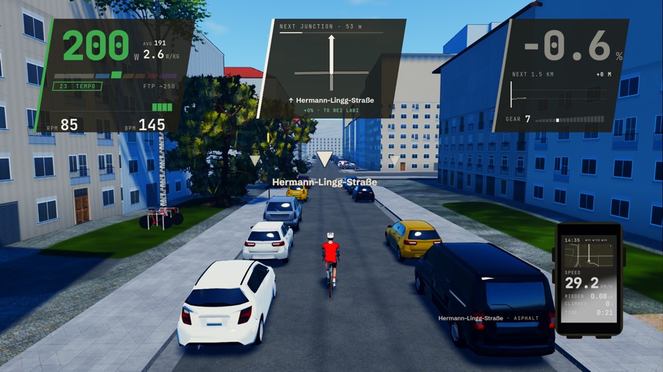 Free ride in central Munich along Hermann-Lingg-Straße at 29 km/h, cars parked along both kerbs and the next junction, 54 m ahead, drawn over the street
