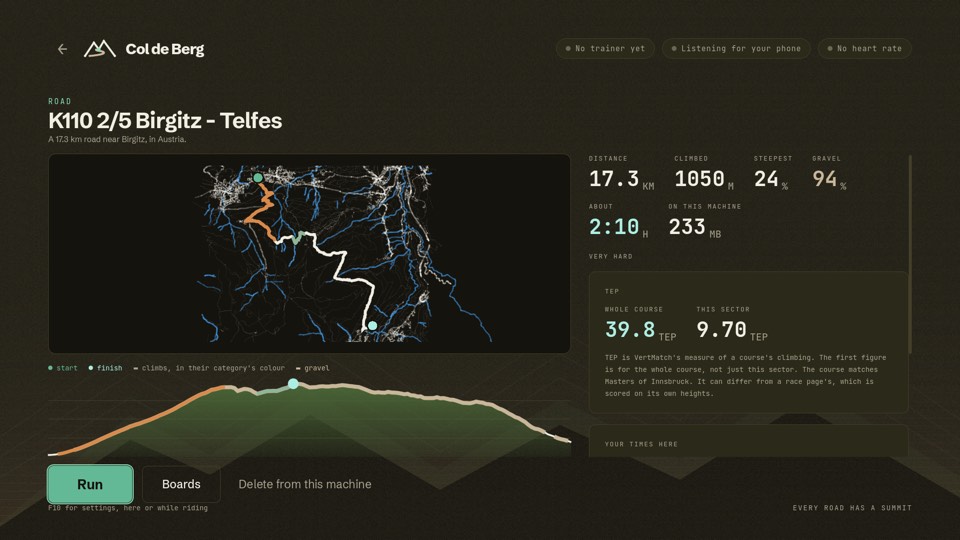 K110 stage two's own page: its map, 17.3 km, 1,050 m, 24% steepest, about 2:10, and VertMatch's TEP for the whole course and for this stage