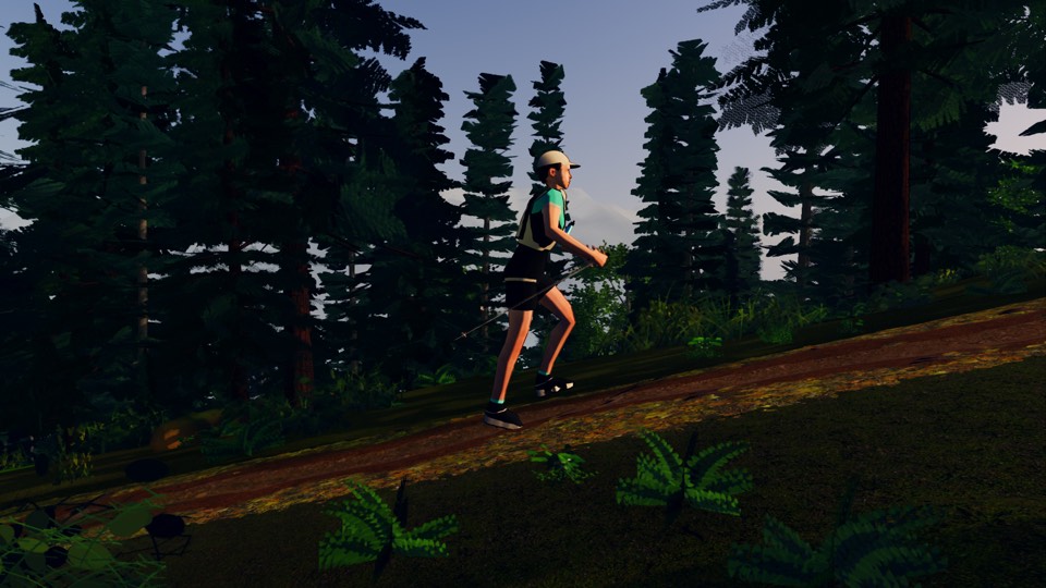 A trail runner in a cap and race vest striding up a forest path, seen from the side