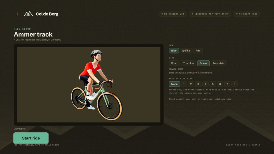 Ride setup for the Ammer track: the rider pedalling the gravel bike on the left in its own kit, and on the right how to go (Ride, E-bike or Run), which of the four bikes, with the gravel bike chosen because a quarter of the road is unsealed, and how many bots, None to 8, above Start ride