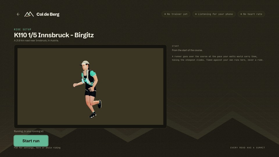 Ride setup for K110 stage one: the runner jogging in their running kit, a choice of where to start, and Start run