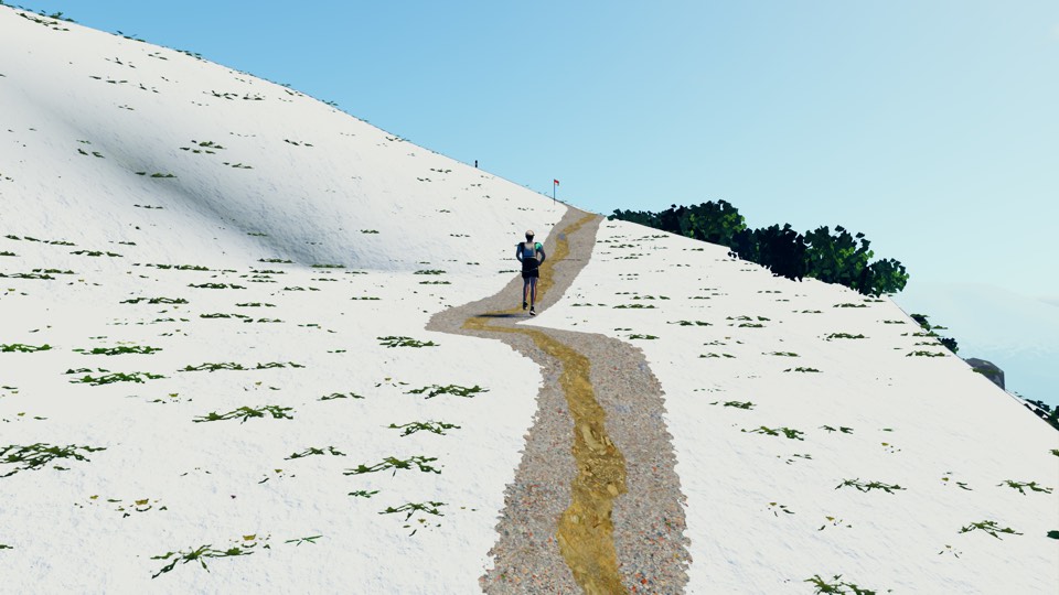 Snow on the upper slopes of the Nordkette above Innsbruck, a trail runner on a clear path through it under a blue sky