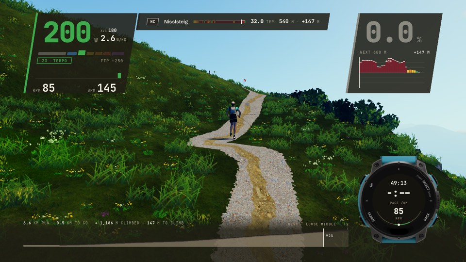 The Vertical above Innsbruck: a trail runner climbing a stony path through alpine meadow, the HC Nisslsteig card at 32.0 TEP across the top and a running watch on the screen counting cadence