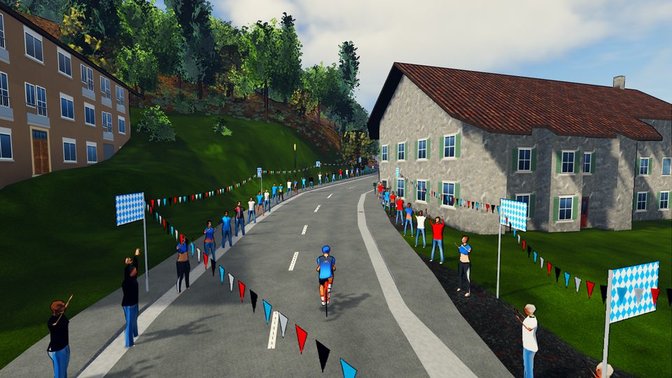 Riding into Mittenwald under broken cloud between the crowd, past houses built from Bavaria's 3D survey with their own roofs, eaves and shutters